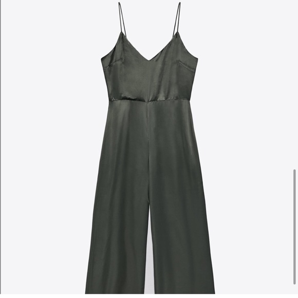 Zara Pants & Jumpsuits Zara Long Satin Effect Jumpsuit Olive Green Small Nwt Poshmark